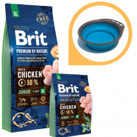 Суха храна за кучета BRIT PREMIUM JUNIOR XL BY NATURE [ НОВА, ПОДОБРЕНА ФОРМУЛА ] с 50% прясно пилешко месо 15кг + подарък сгъваема купа